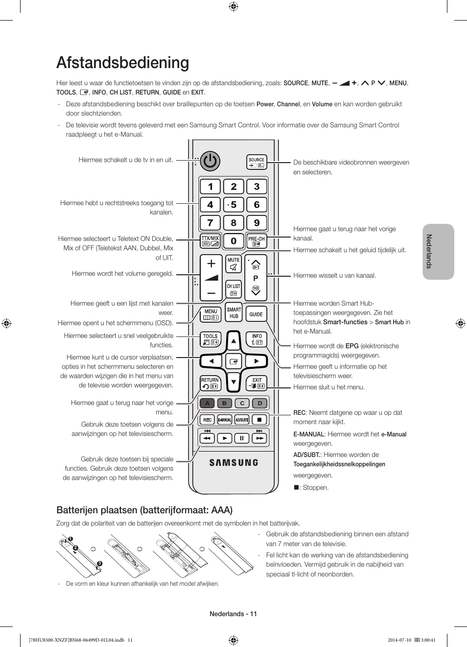 Afstandsbediening, Batterijen plaatsen (batterijformaat: aaa) | Samsung UE78HU8500L User Manual | Page 83 / 97