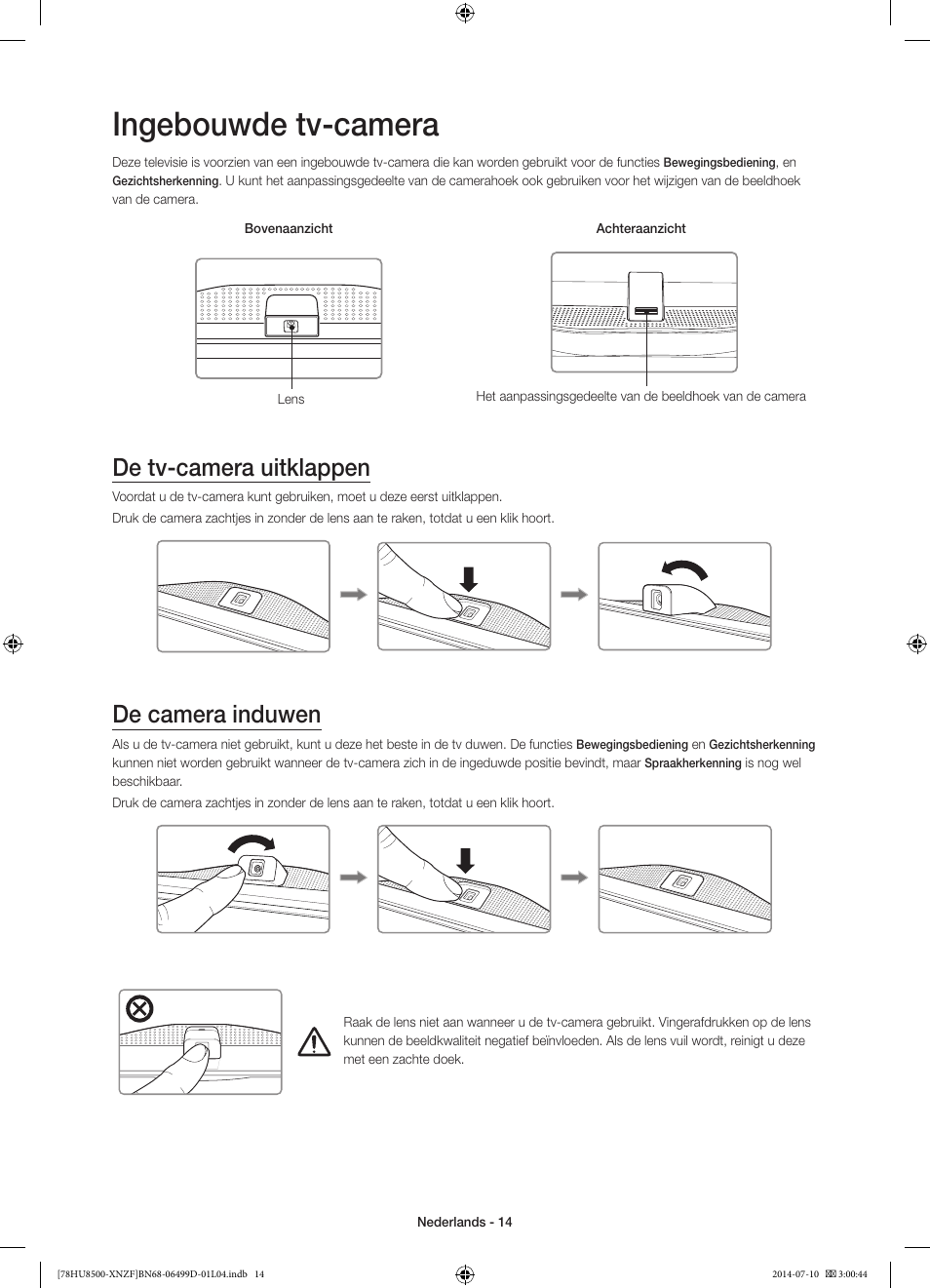 Ingebouwde tv-camera, De tv-camera uitklappen, De camera induwen | 경고 주의 경고 주의 | Samsung UE78HU8500L User Manual | Page 86 / 97