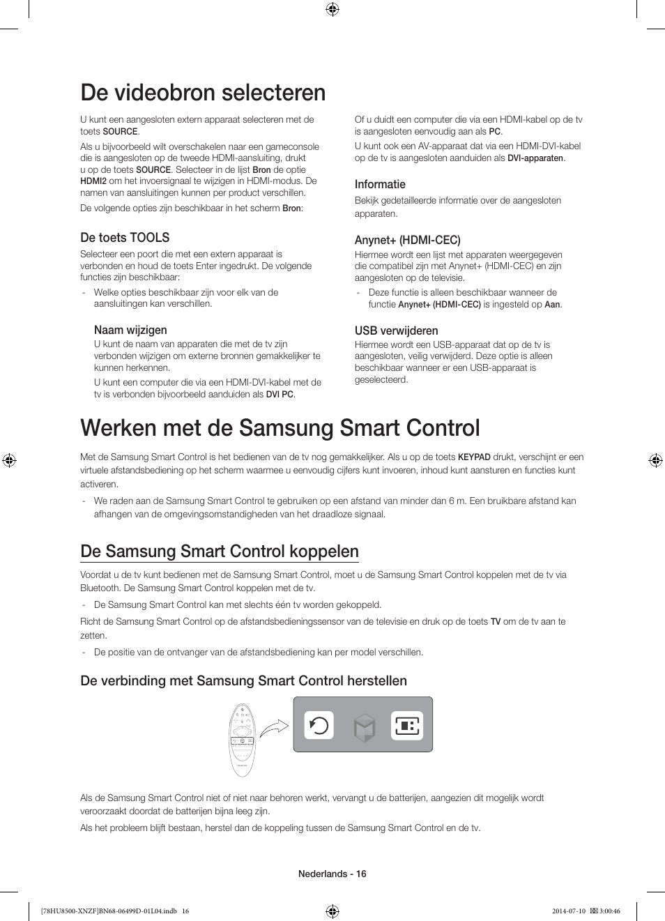 Werken met de samsung smart control, De videobron selecteren, De samsung smart control koppelen | De verbinding met samsung smart control herstellen, De toets tools | Samsung UE78HU8500L User Manual | Page 88 / 97