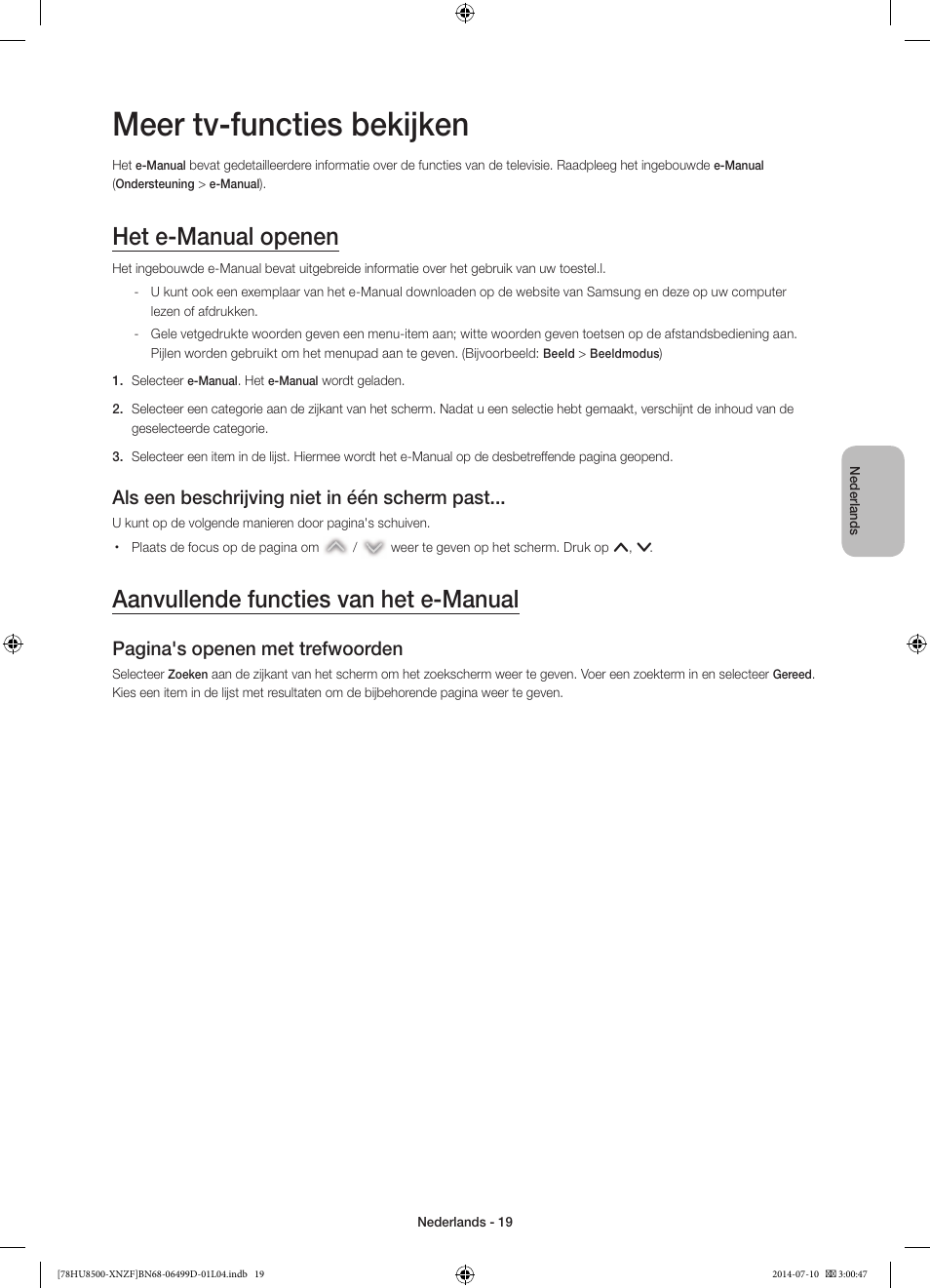 Meer tv-functies bekijken, Het e-manual openen, Aanvullende functies van het e-manual | Als een beschrijving niet in één scherm past, Pagina's openen met trefwoorden | Samsung UE78HU8500L User Manual | Page 91 / 97