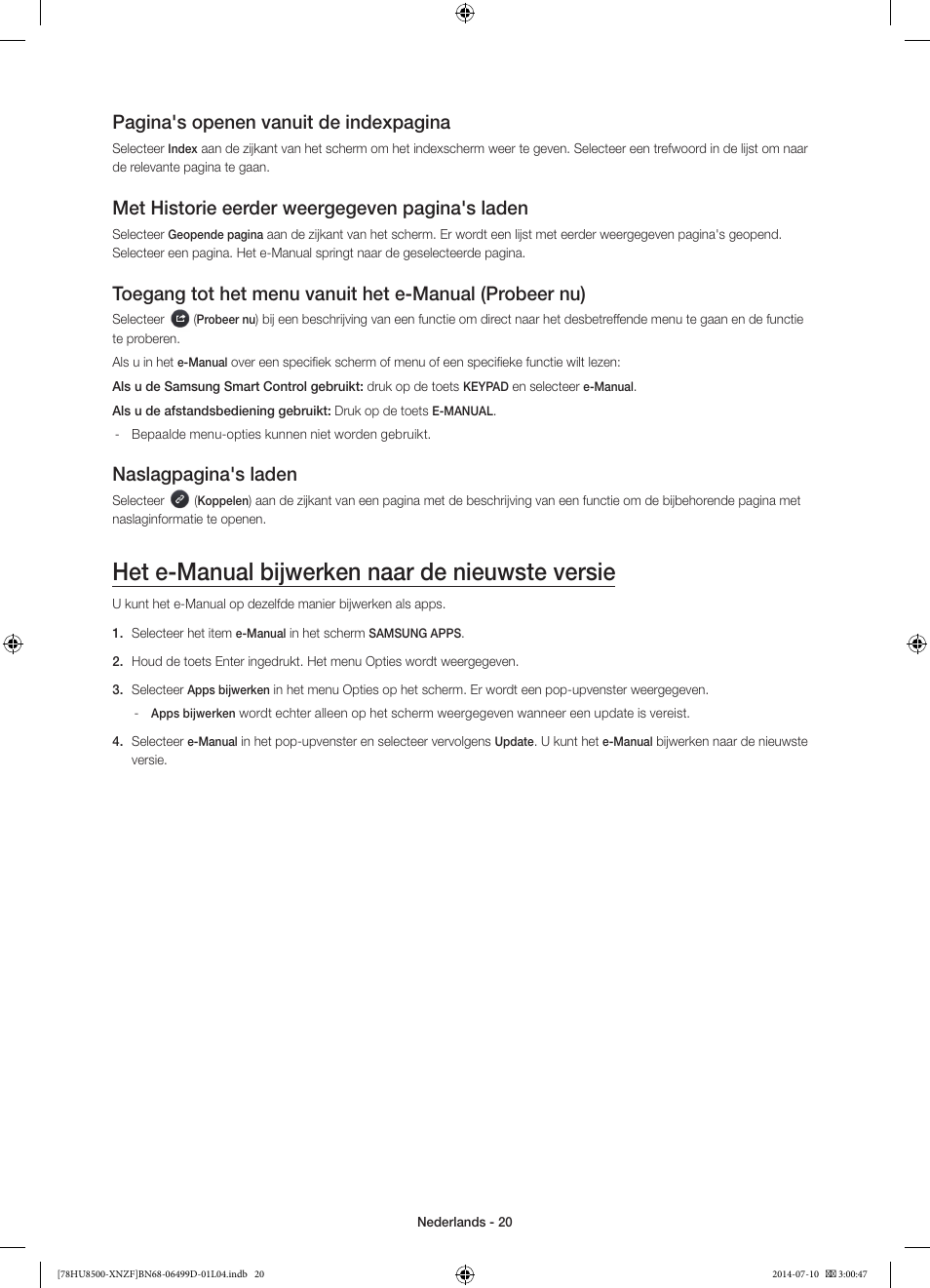 Het e-manual bijwerken naar de nieuwste versie, Pagina's openen vanuit de indexpagina, Met historie eerder weergegeven pagina's laden | Naslagpagina's laden | Samsung UE78HU8500L User Manual | Page 92 / 97