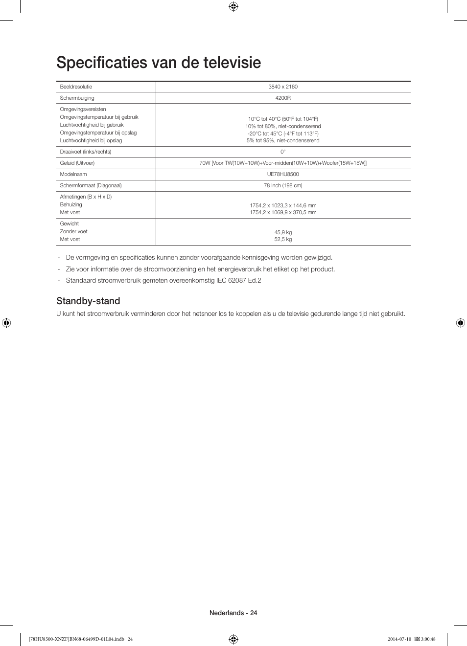 Specificaties van de televisie, Standby-stand | Samsung UE78HU8500L User Manual | Page 96 / 97