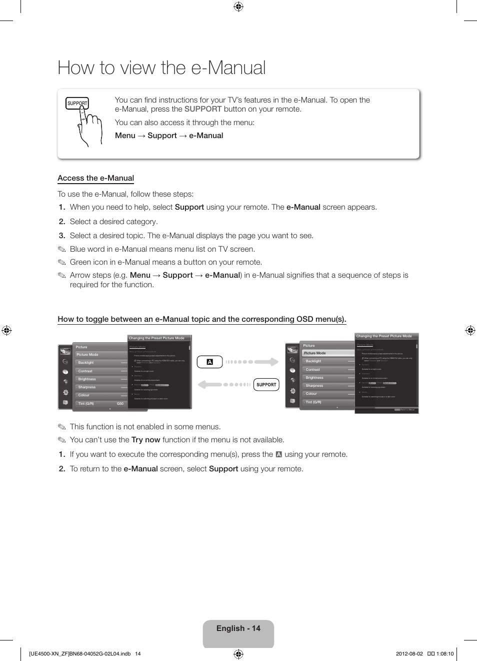 How to view the e-manual, Blue word in e-manual means menu list on tv screen, This function is not enabled in some menus | Samsung UE26EH4500W User Manual | Page 14 / 88