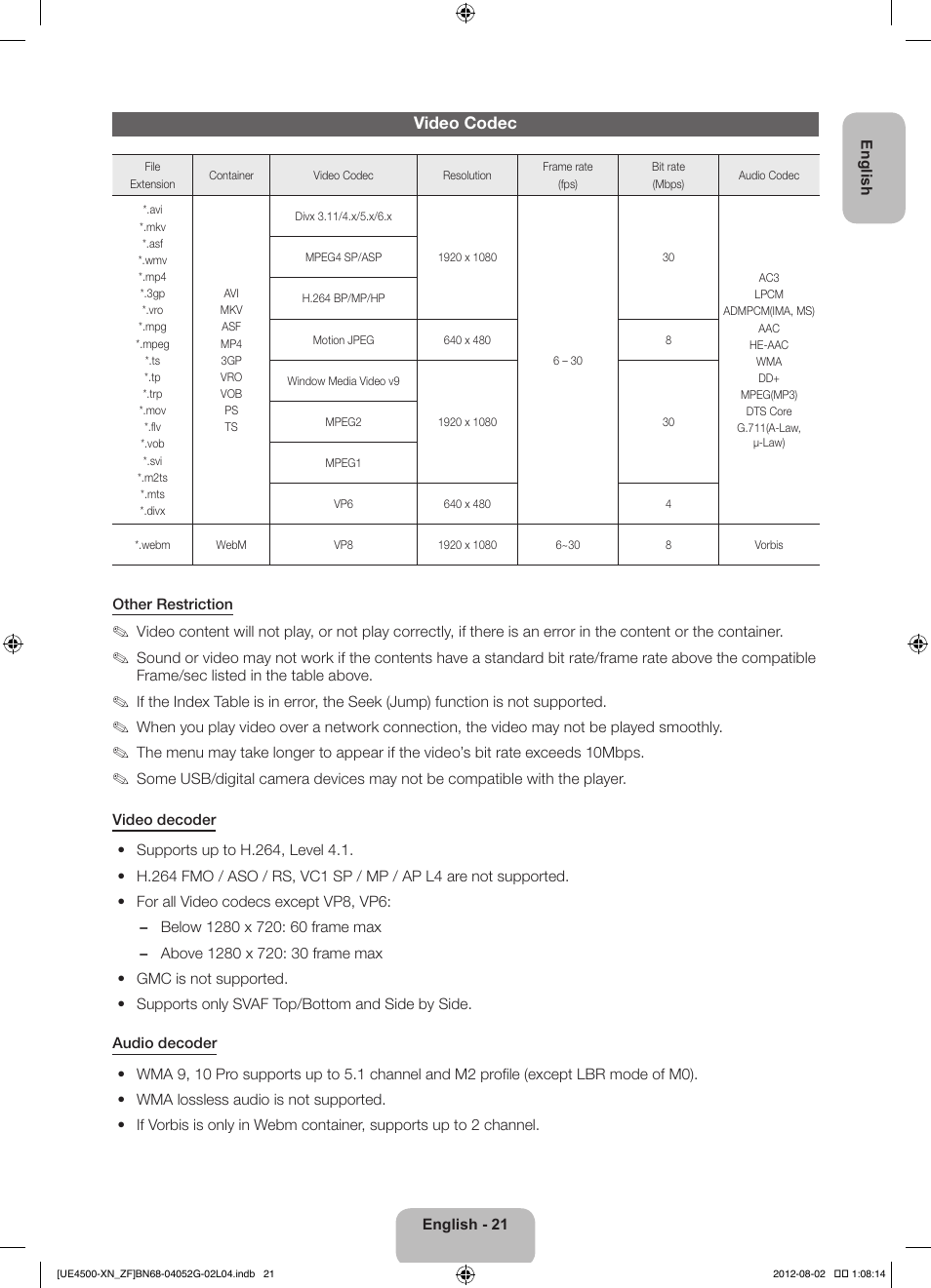 Video codec | Samsung UE26EH4500W User Manual | Page 21 / 88