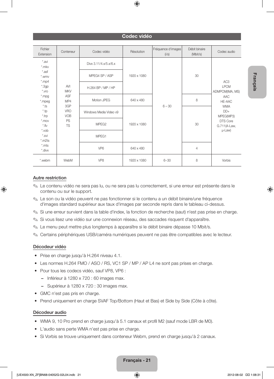 Codec vidéo | Samsung UE26EH4500W User Manual | Page 43 / 88