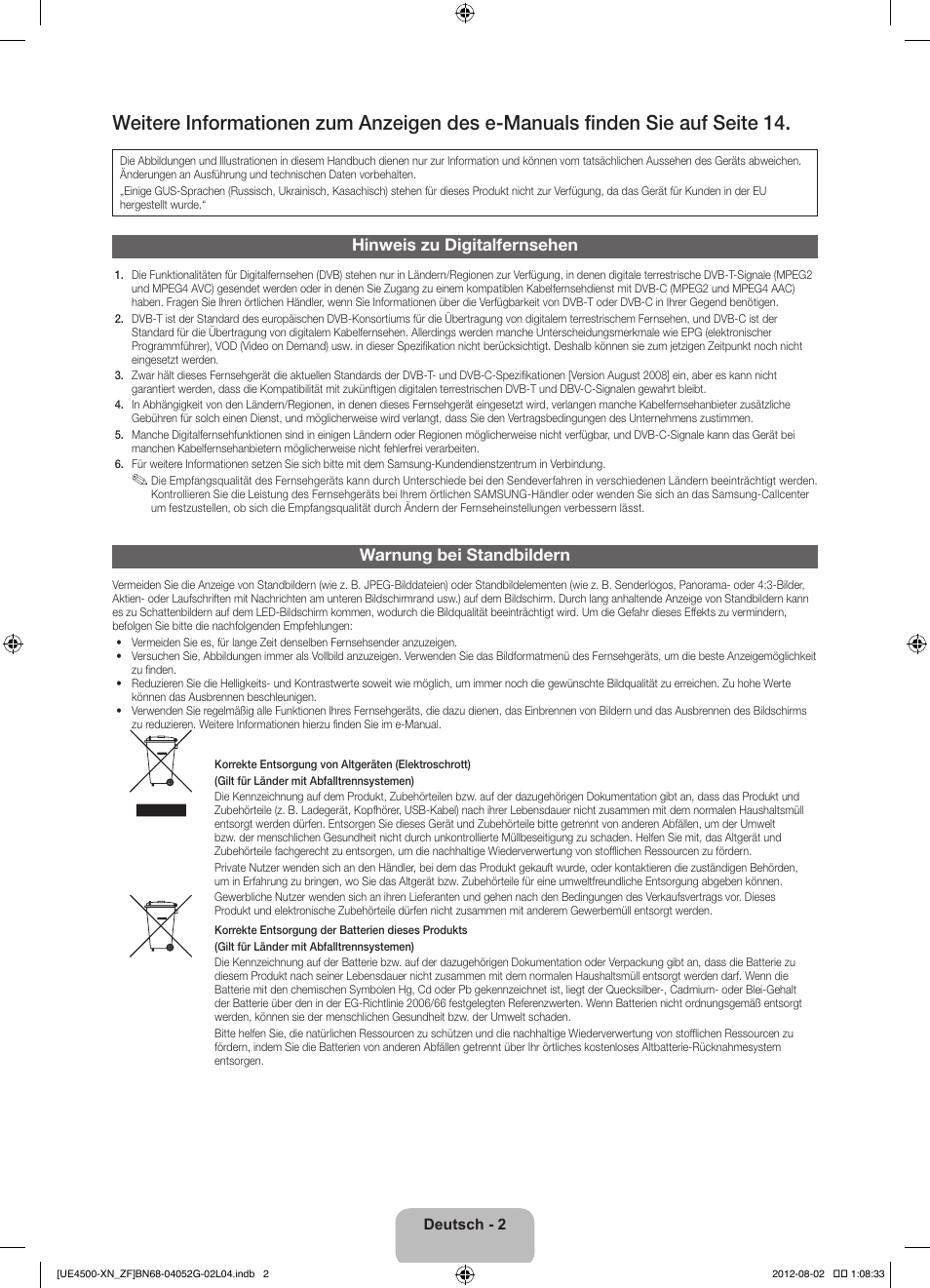 Hinweis zu digitalfernsehen, Warnung bei standbildern | Samsung UE26EH4500W User Manual | Page 46 / 88