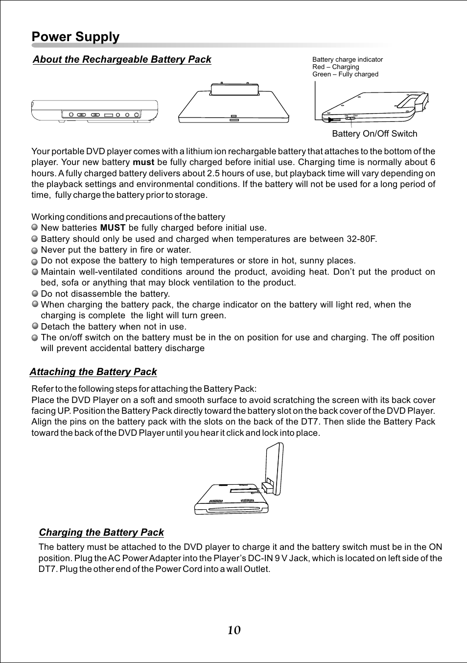 Power supply, Attaching the battery pack, About the rechargeable battery pack | Charging the battery pack | Audiovox DT7 User Manual | Page 10 / 24