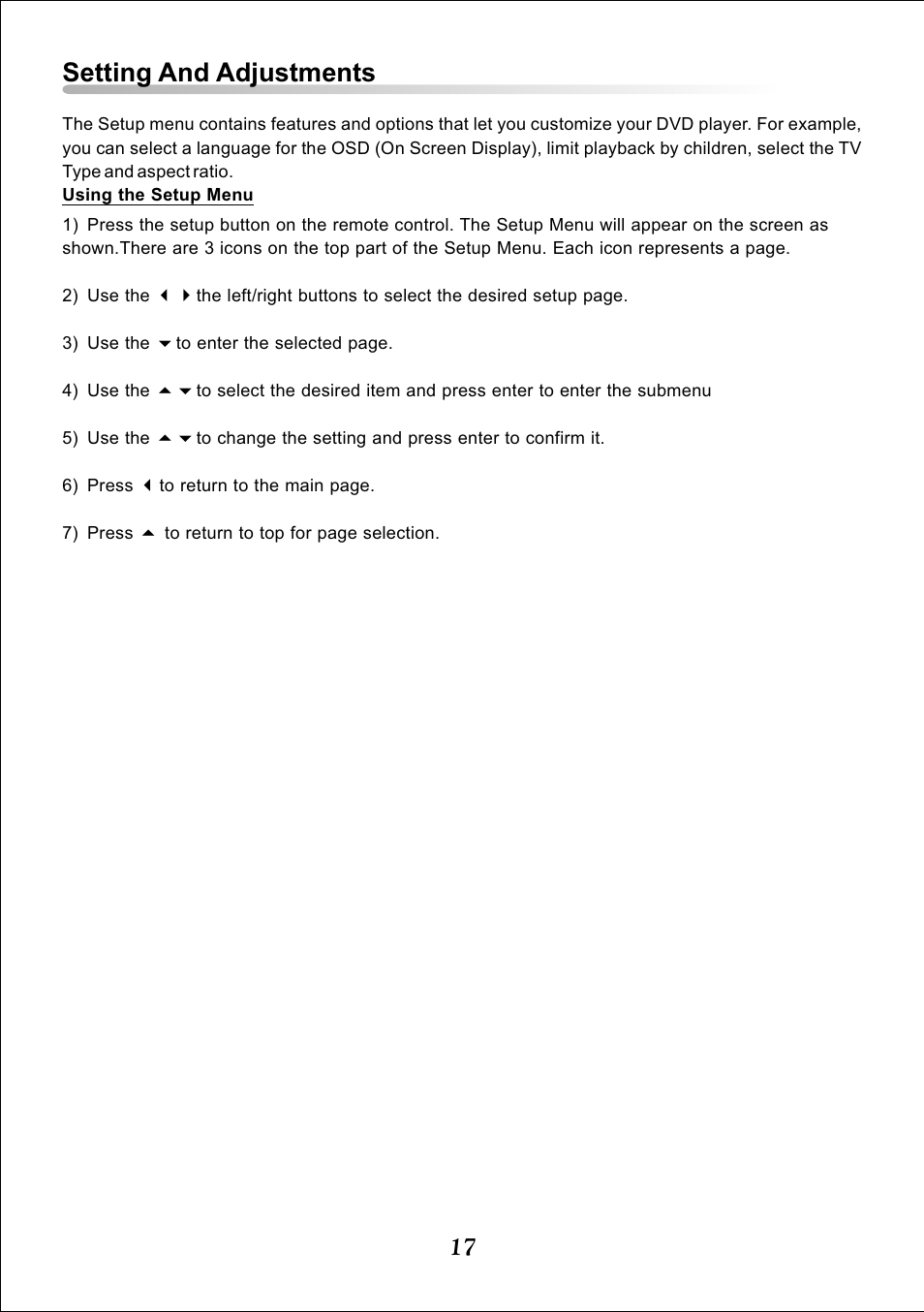 Setting and adjustments | Audiovox DT7 User Manual | Page 17 / 24