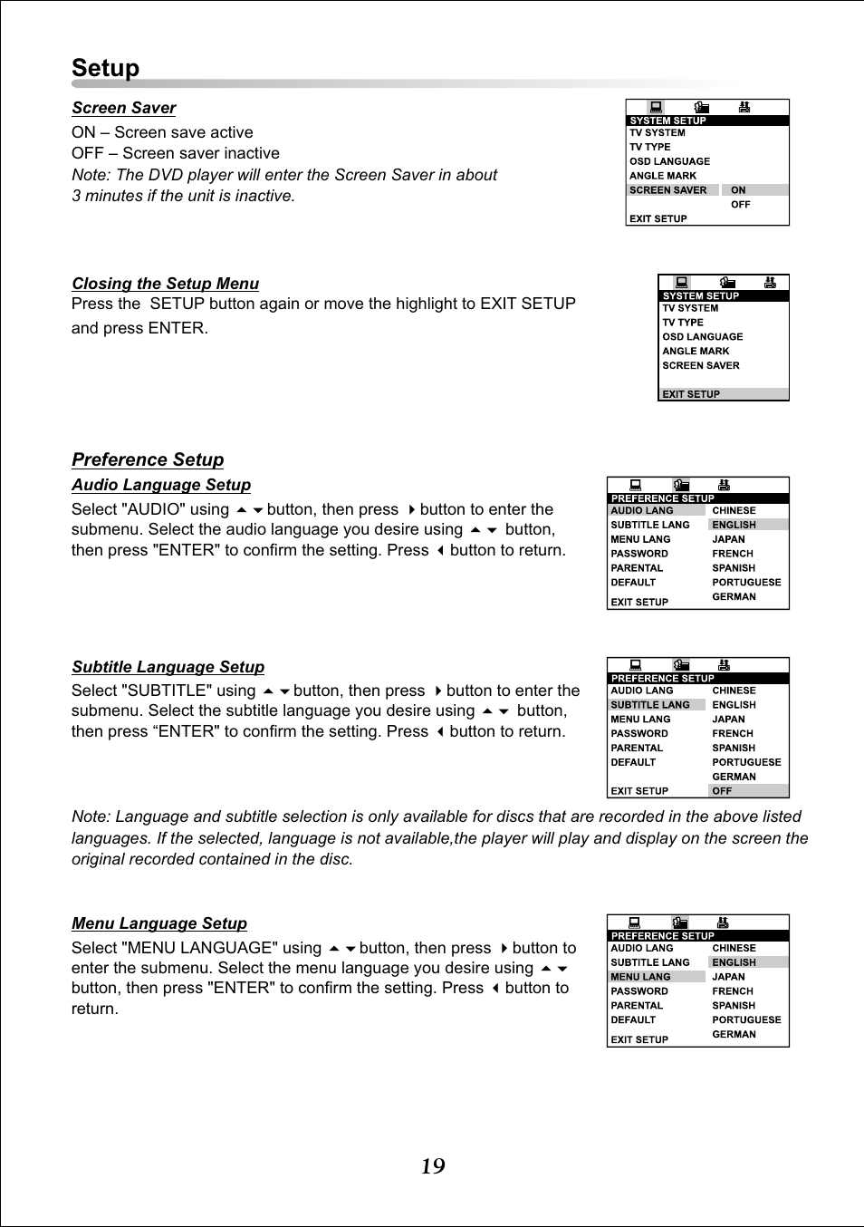 Setup | Audiovox DT7 User Manual | Page 19 / 24