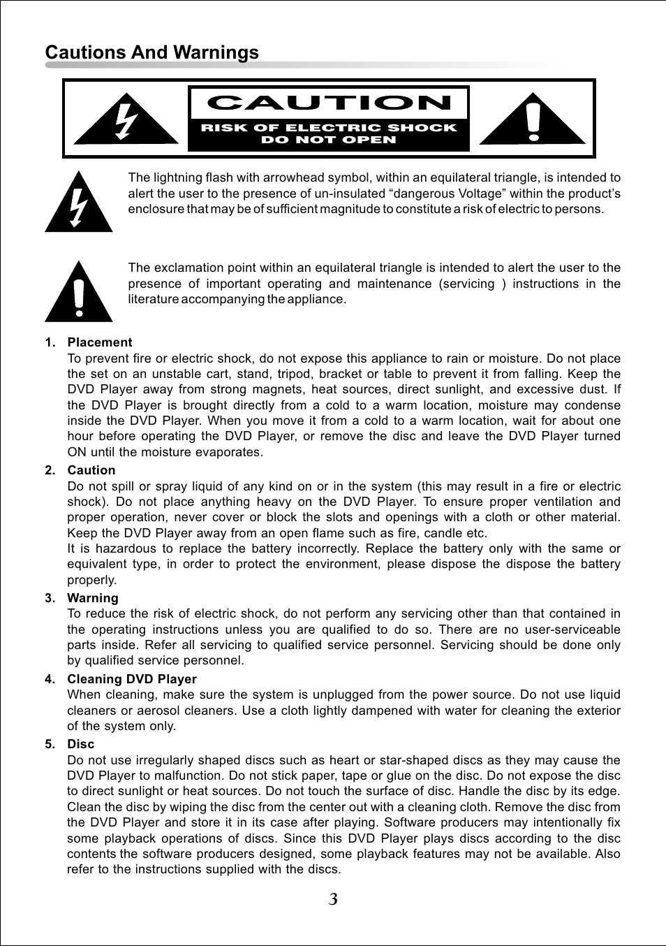 Cautions and warnings | Audiovox DT7 User Manual | Page 3 / 24