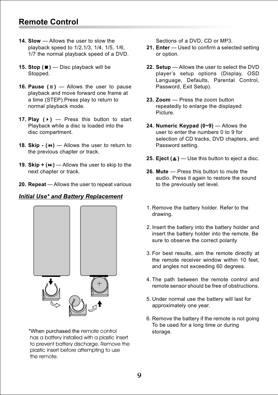 Remote control | Audiovox DT7 User Manual | Page 9 / 24