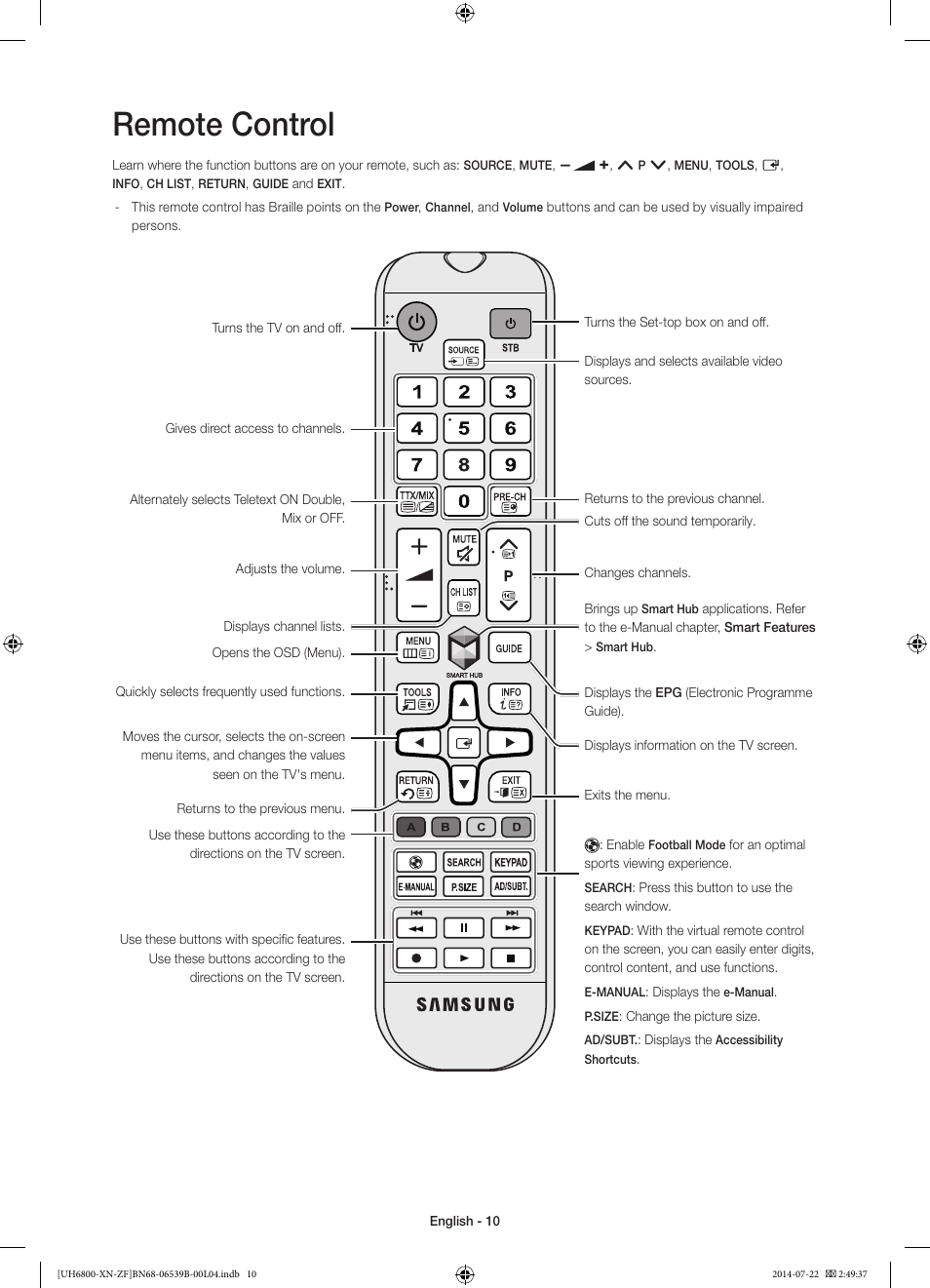 Remote control | Samsung UE48H6800AW User Manual | Page 10 / 81