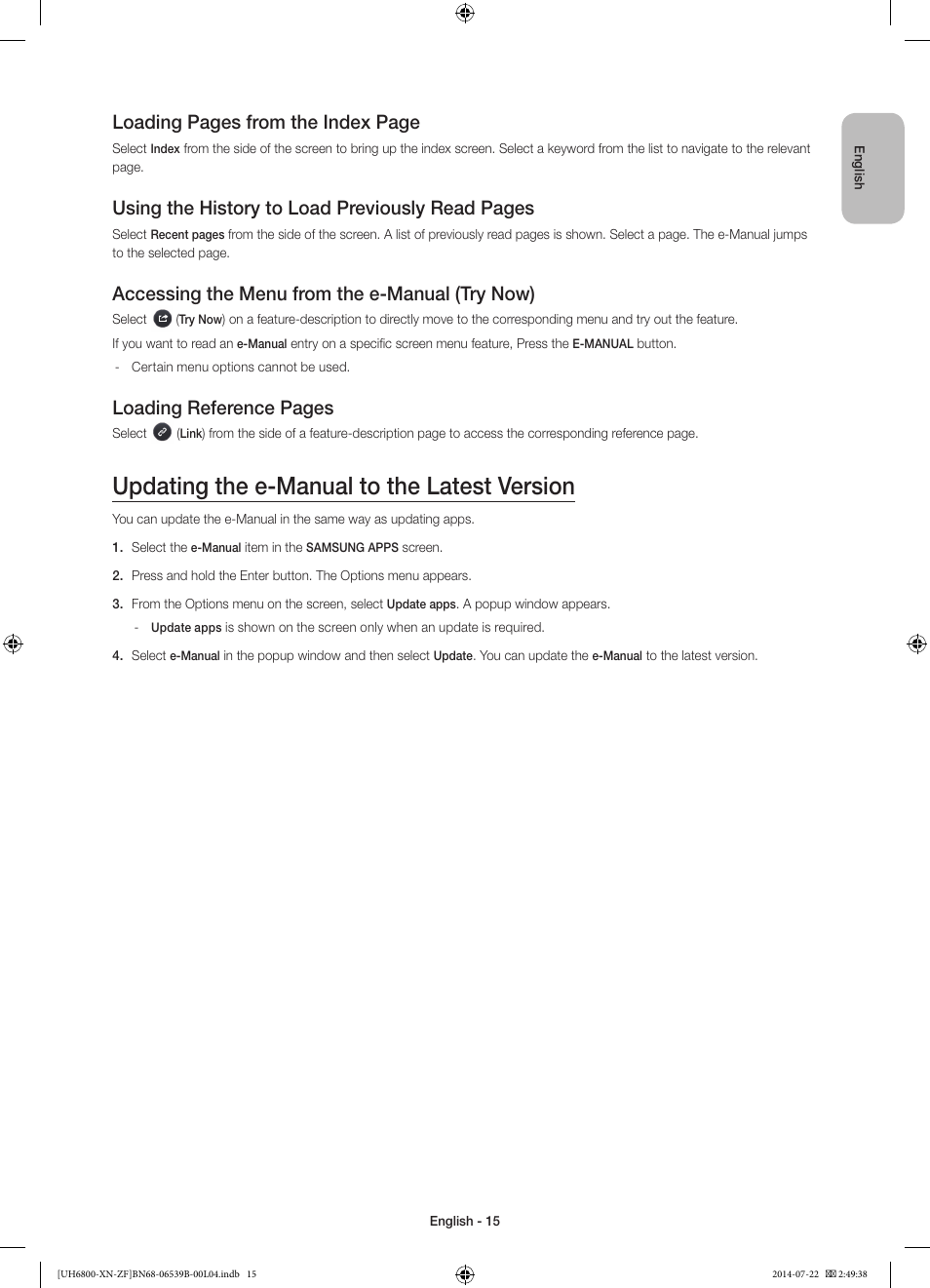 Updating the e-manual to the latest version, Loading pages from the index page, Using the history to load previously read pages | Accessing the menu from the e-manual (try now), Loading reference pages | Samsung UE48H6800AW User Manual | Page 15 / 81