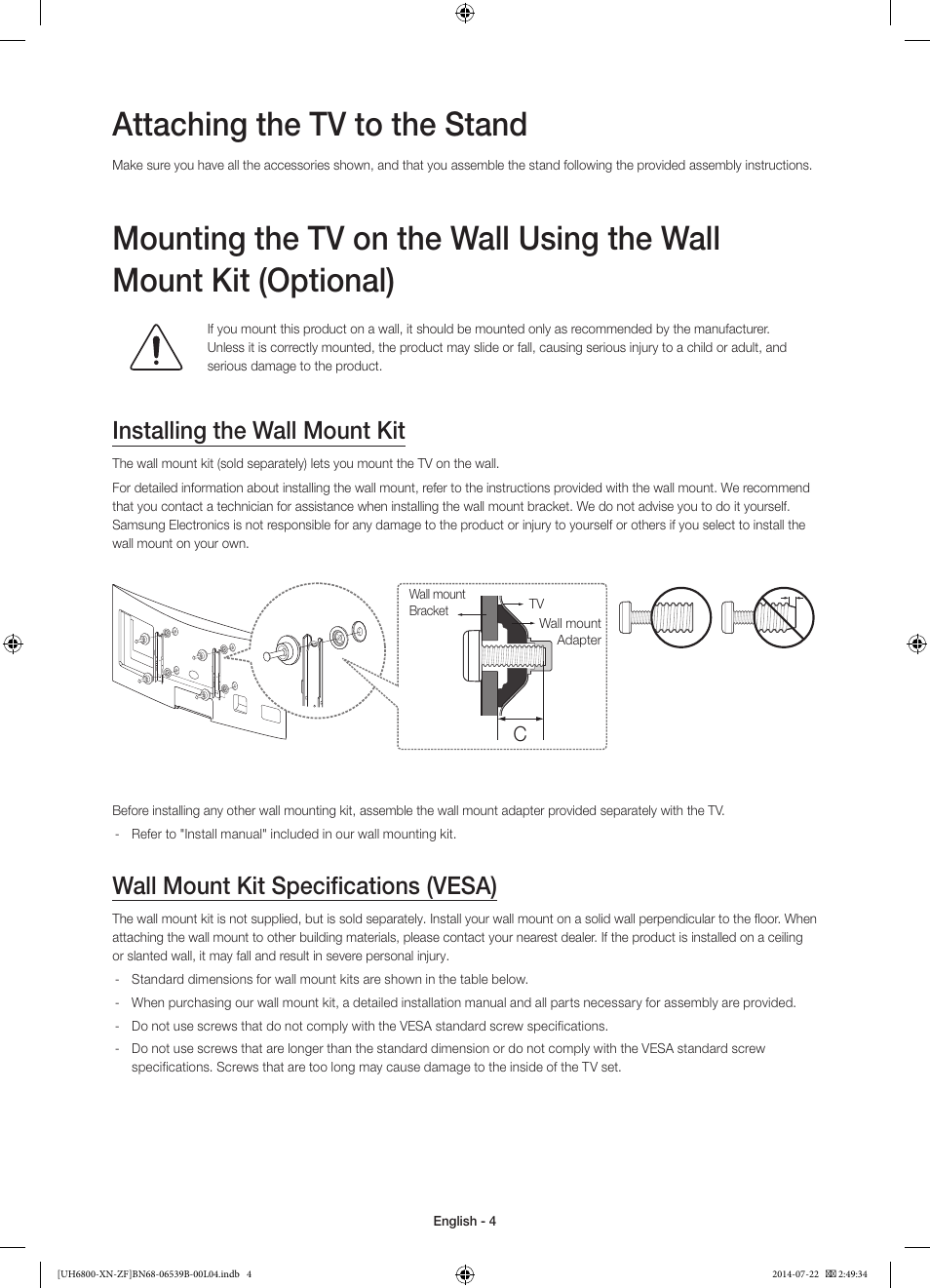 02 assembling the tv, Attaching the tv to the stand, Installing the wall mount kit | Wall mount kit specifications (vesa) | Samsung UE48H6800AW User Manual | Page 4 / 81