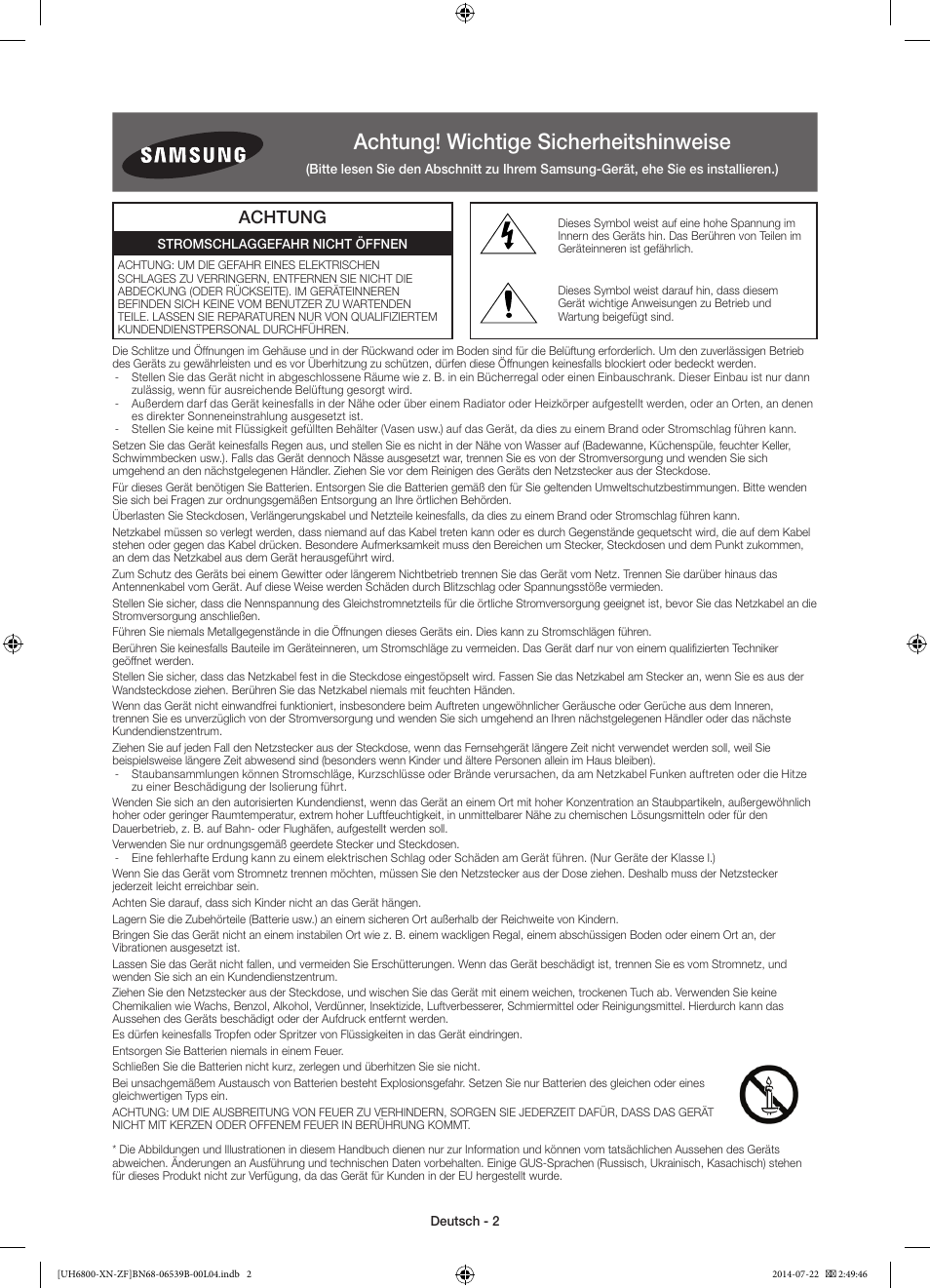 Achtung! wichtige sicherheitshinweise, Achtung | Samsung UE48H6800AW User Manual | Page 42 / 81