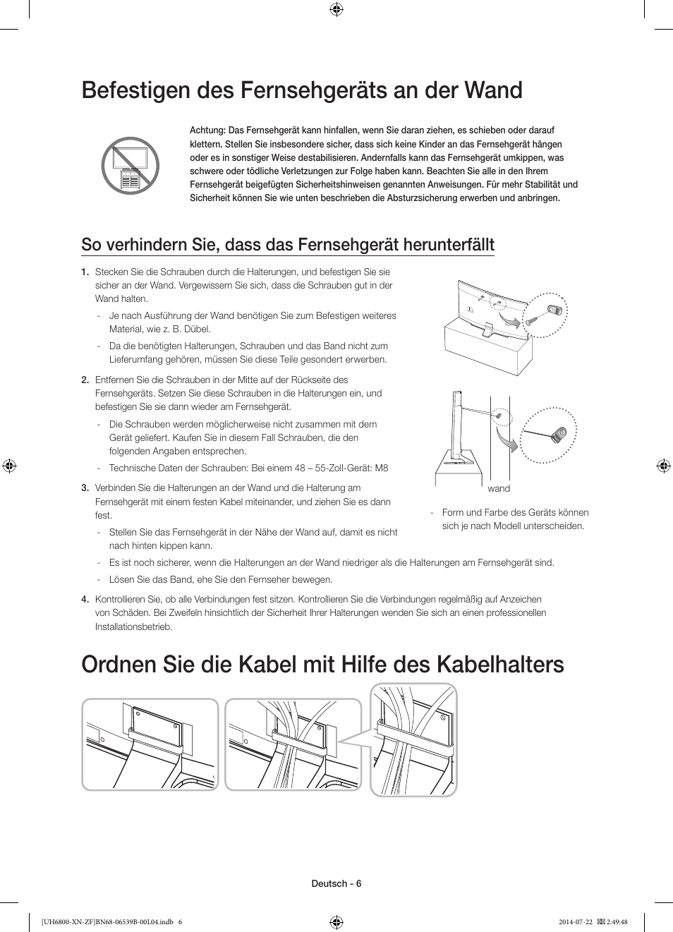 Befestigen des fernsehgeräts an der wand, Ordnen sie die kabel mit hilfe des kabelhalters | Samsung UE48H6800AW User Manual | Page 46 / 81