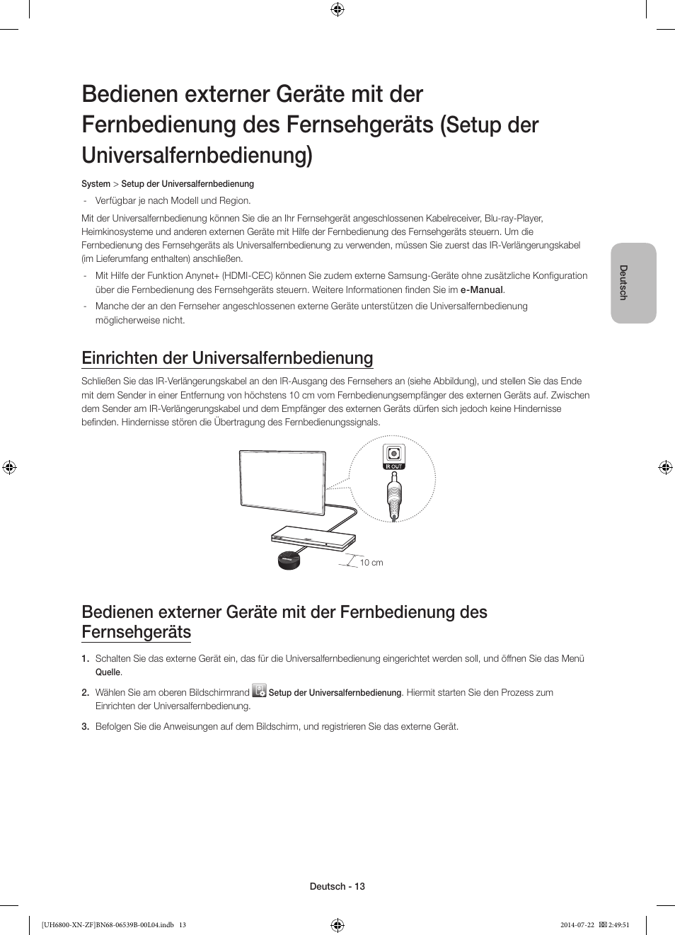 Setup der universalfernbedienung, Einrichten der universalfernbedienung | Samsung UE48H6800AW User Manual | Page 53 / 81