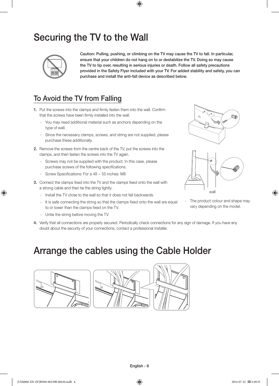 Securing the tv to the wall, Arrange the cables using the cable holder | Samsung UE48H6800AW User Manual | Page 6 / 81