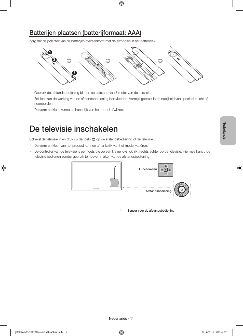 De televisie inschakelen, Batterijen plaatsen (batterijformaat: aaa) | Samsung UE48H6800AW User Manual | Page 71 / 81