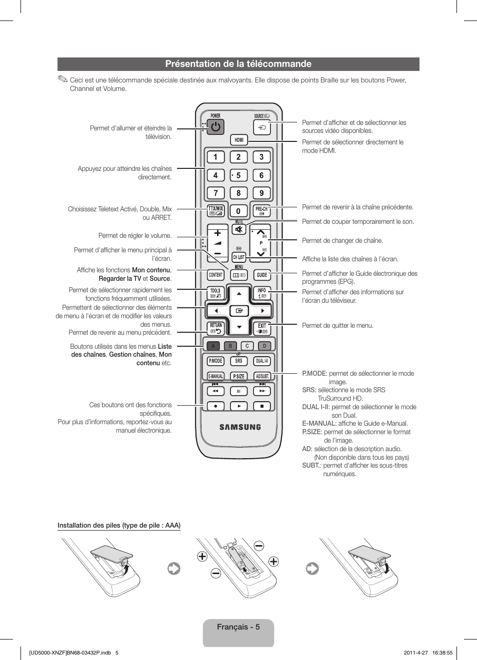 Présentation de la télécommande | Samsung UE27D5010NW User Manual | Page 21 / 65