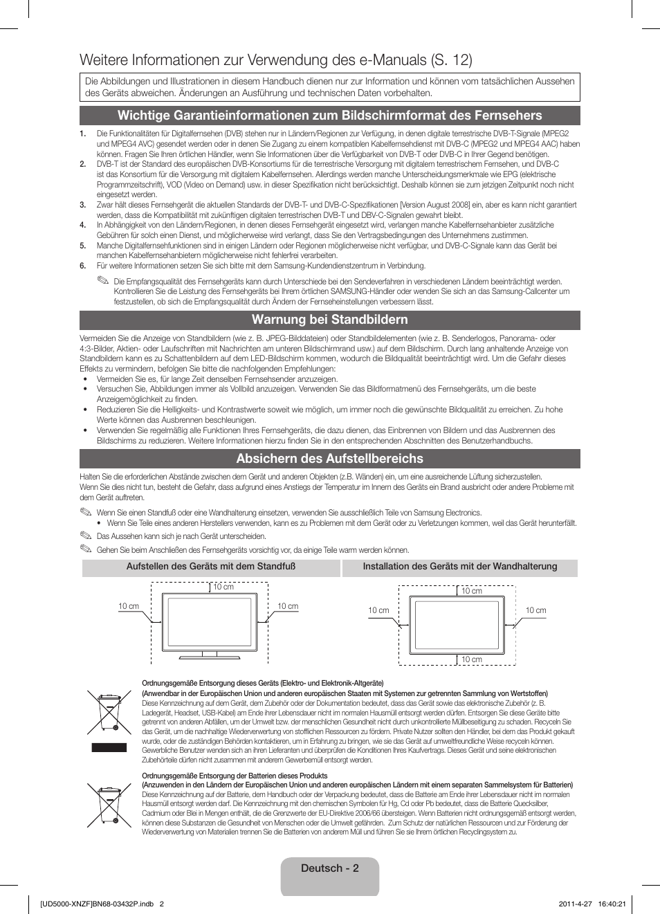 Warnung bei standbildern, Absichern des aufstellbereichs | Samsung UE27D5010NW User Manual | Page 34 / 65