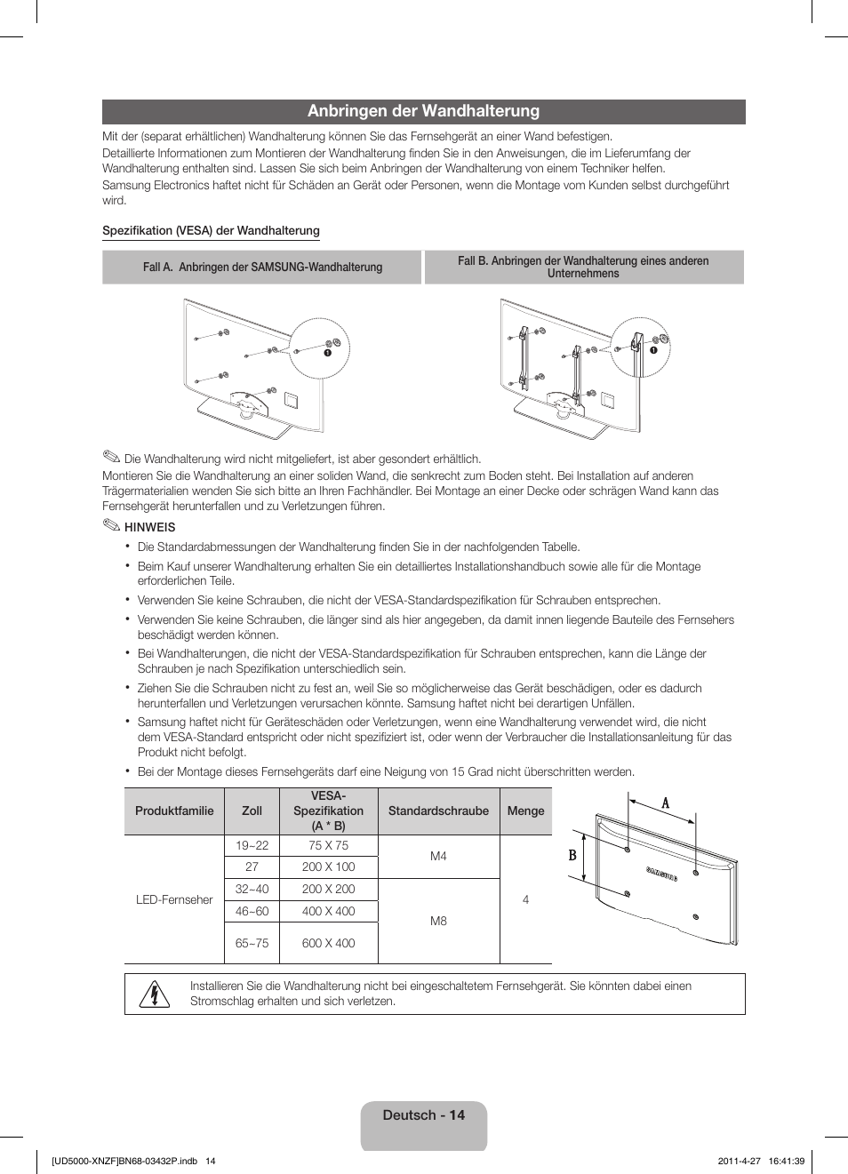 Anbringen der wandhalterung | Samsung UE27D5010NW User Manual | Page 46 / 65