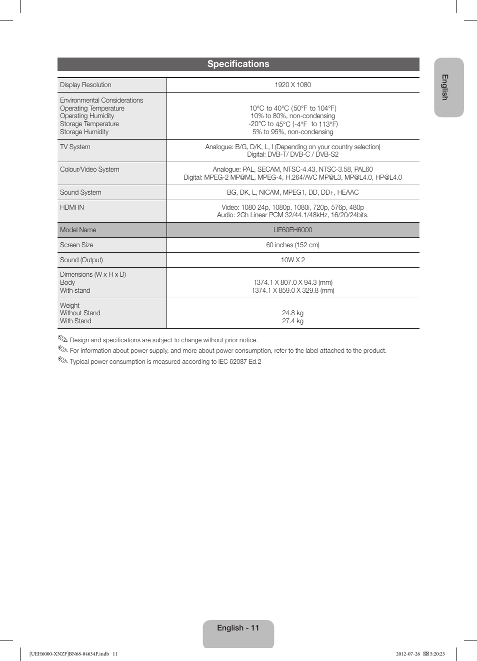 Specifications | Samsung UE60EH6000S User Manual | Page 11 / 49