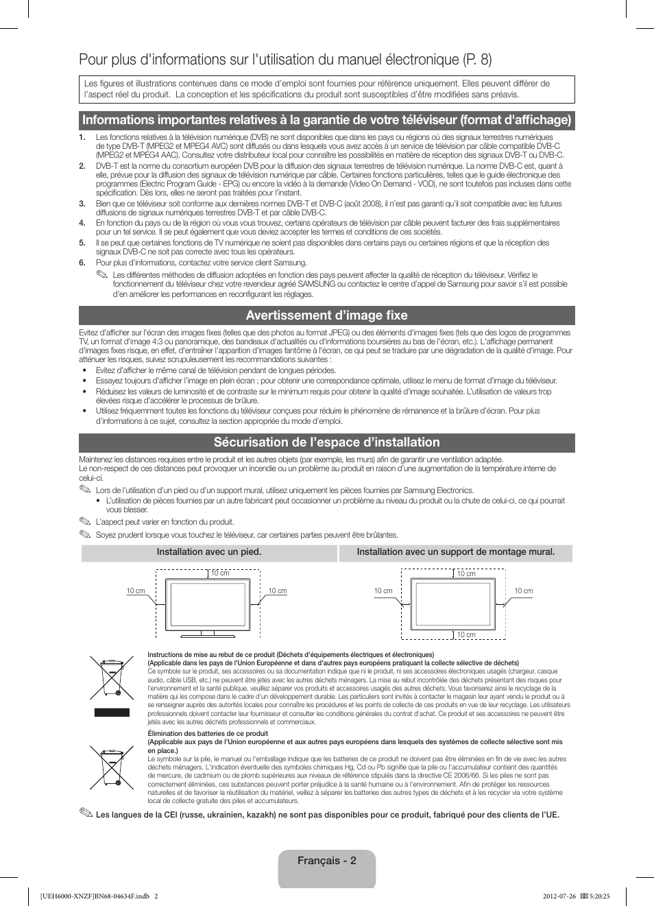 Avertissement d’image fixe, Sécurisation de l’espace d’installation | Samsung UE60EH6000S User Manual | Page 14 / 49