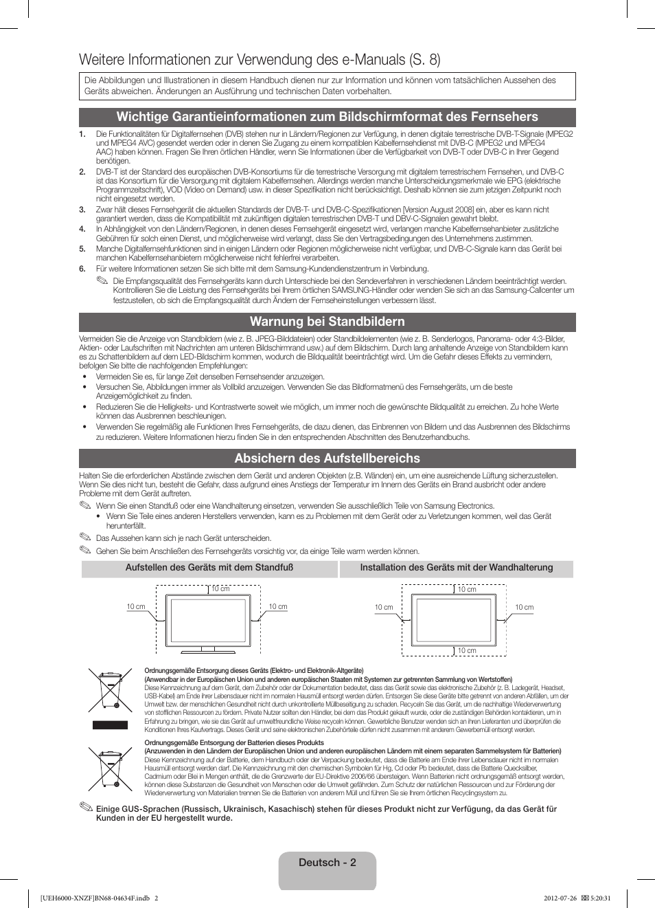 Warnung bei standbildern, Absichern des aufstellbereichs | Samsung UE60EH6000S User Manual | Page 26 / 49