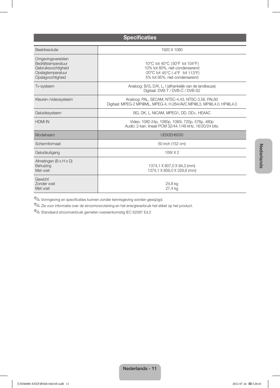 Specificaties | Samsung UE60EH6000S User Manual | Page 47 / 49