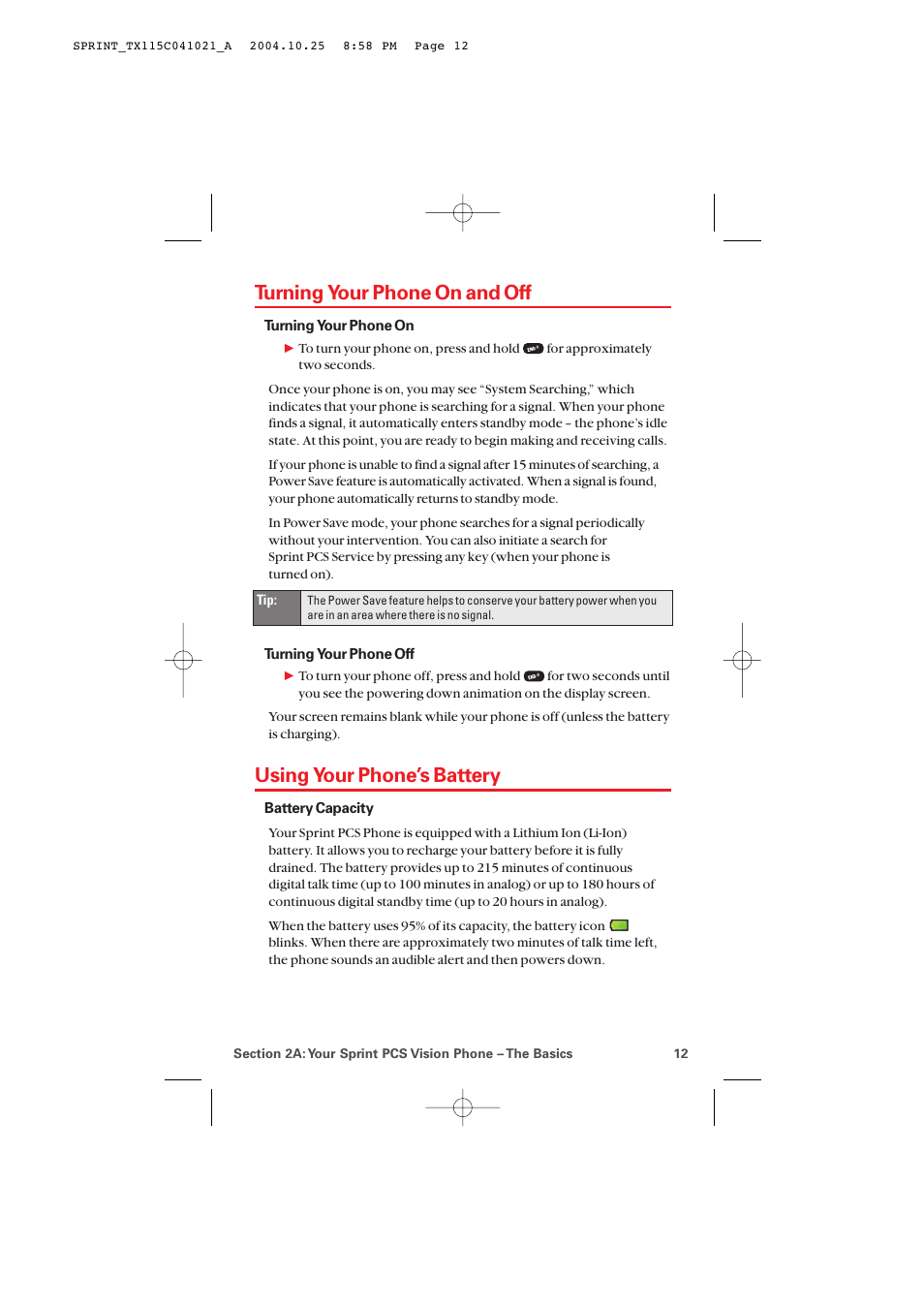 Turning your phone on and off, Using your phone’s battery | Audiovox PM-8912 User Manual | Page 21 / 201