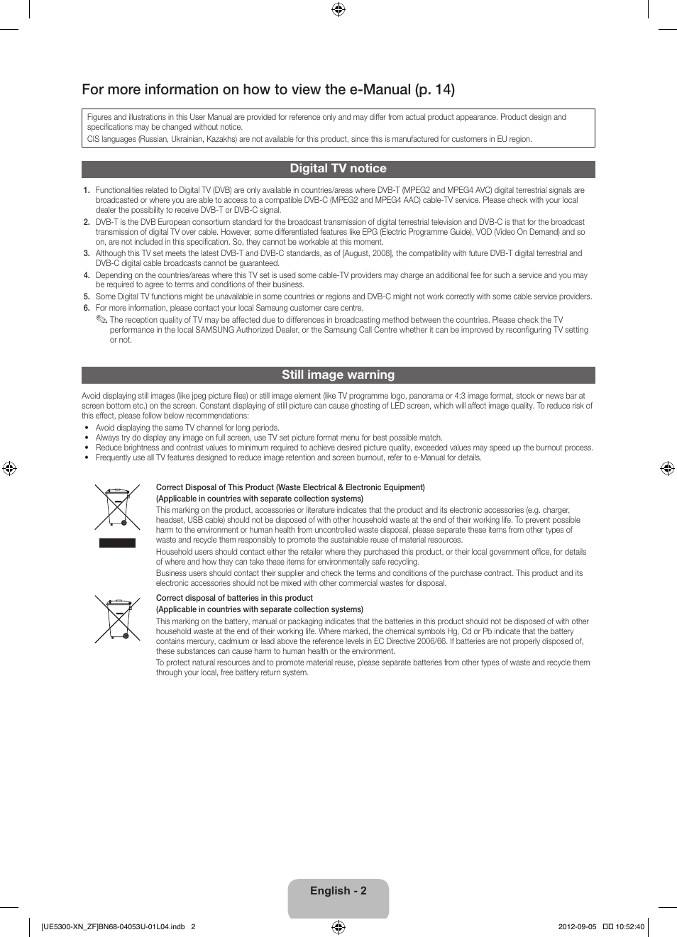 Digital tv notice, Still image warning | Samsung UE32EH5300W User Manual | Page 2 / 88