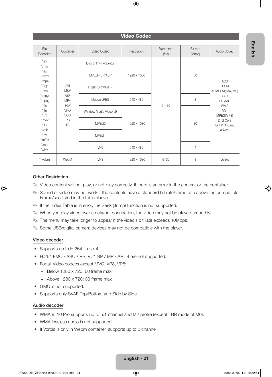 Video codec | Samsung UE32EH5300W User Manual | Page 21 / 88