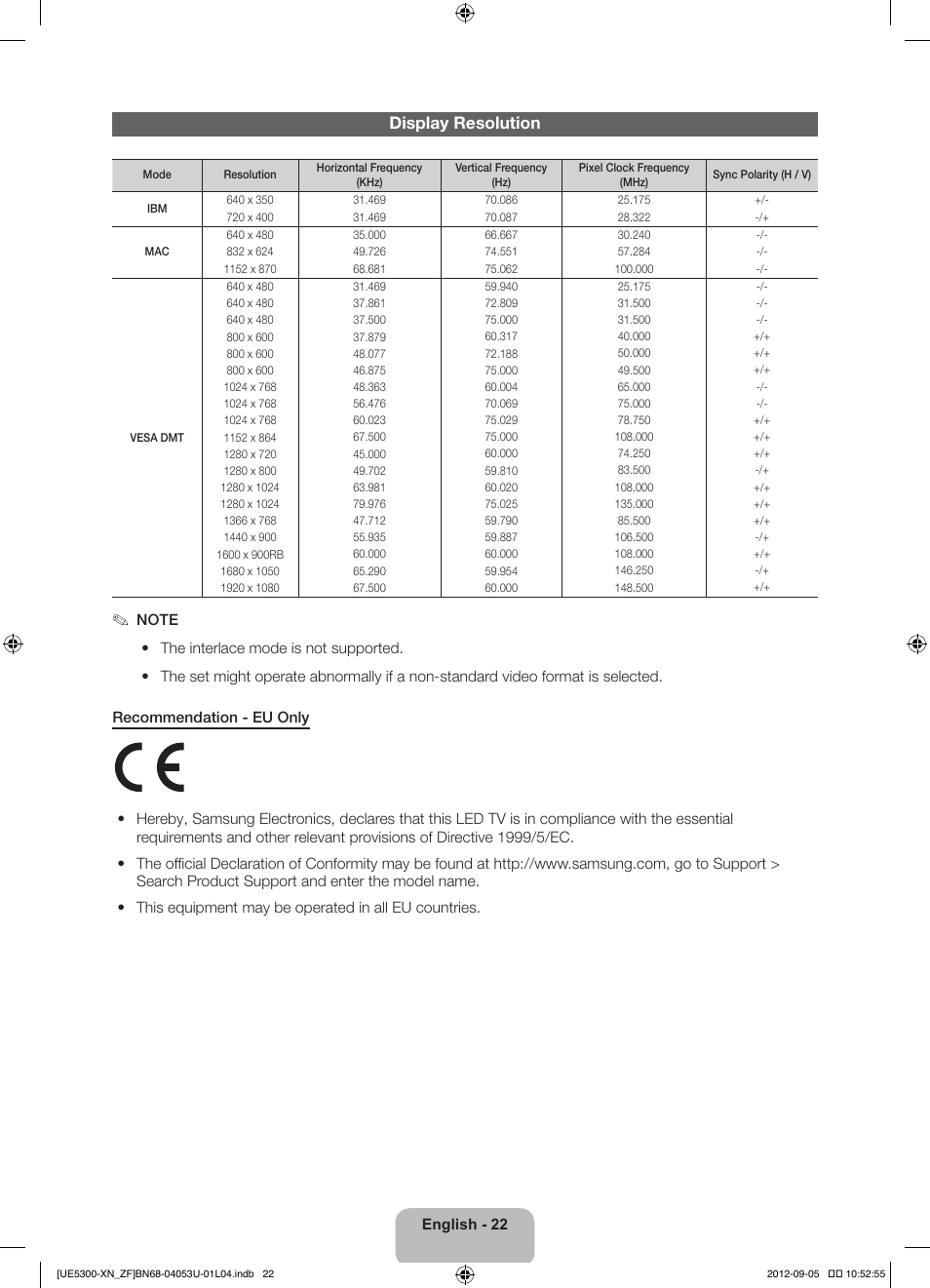 Display resolution | Samsung UE32EH5300W User Manual | Page 22 / 88