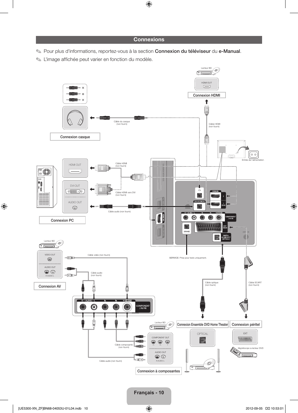Connexions, L'image affichée peut varier en fonction du modèle, Français - 10 | Connexion hdmi, Connexion casque, Connexion pc | Samsung UE32EH5300W User Manual | Page 32 / 88