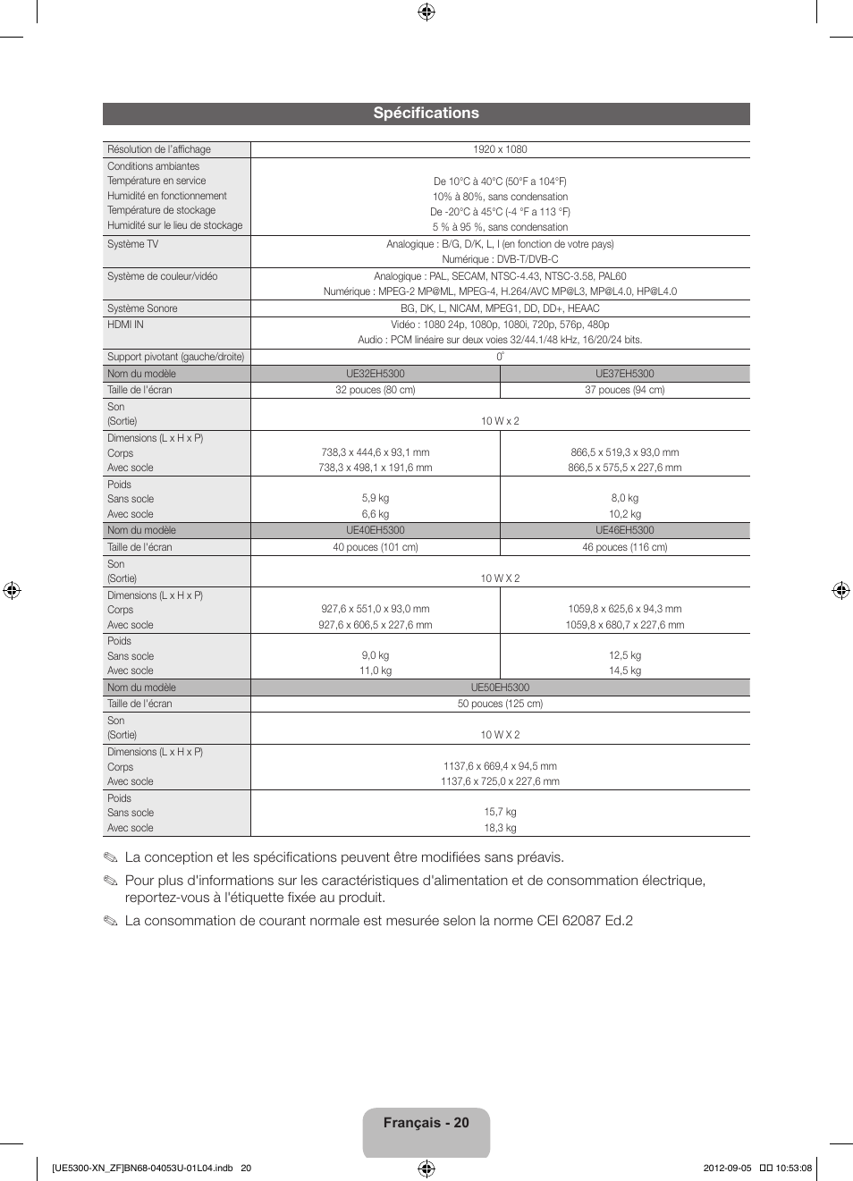 Spécifications | Samsung UE32EH5300W User Manual | Page 42 / 88
