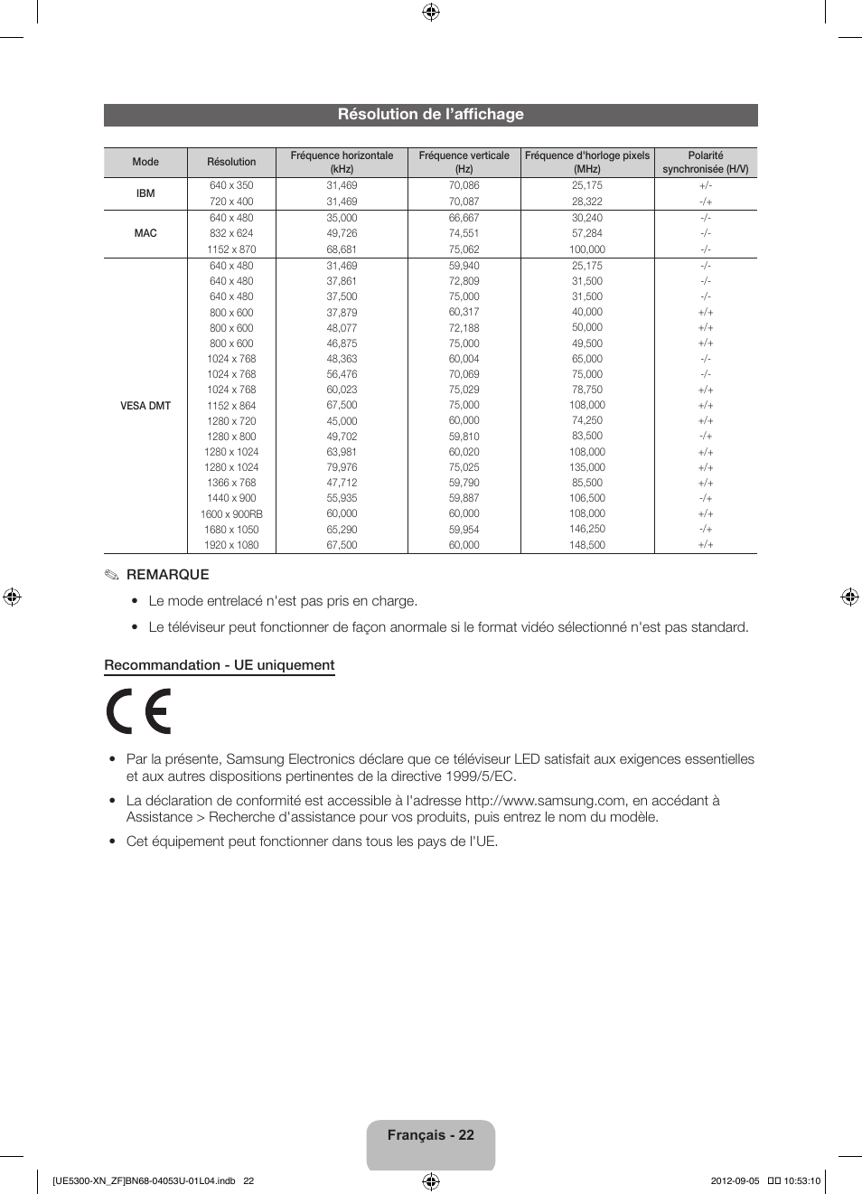 Résolution de l’affichage | Samsung UE32EH5300W User Manual | Page 44 / 88