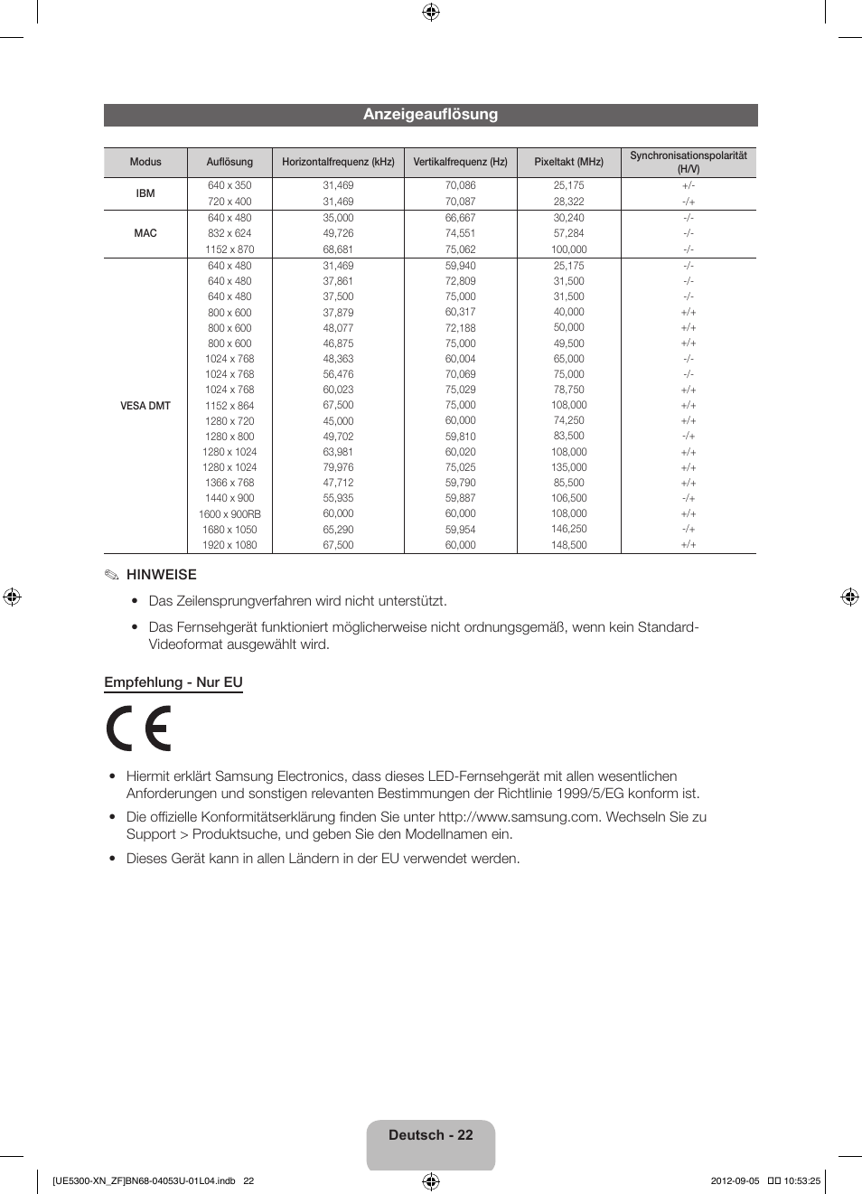 Anzeigeauflösung | Samsung UE32EH5300W User Manual | Page 66 / 88