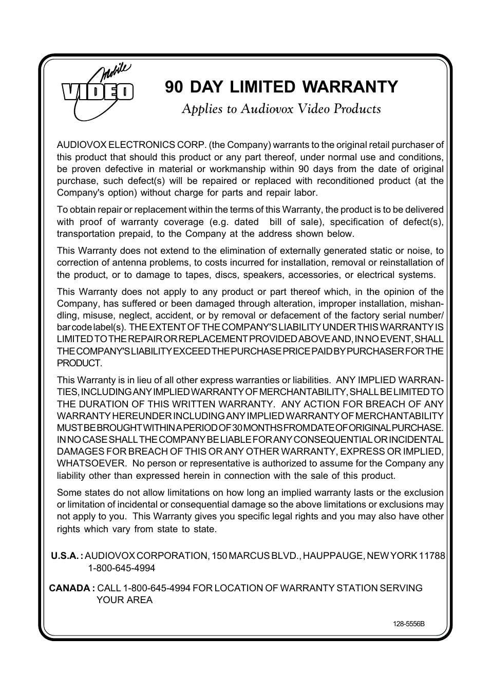90 day limited warranty, Applies to audiovox video products | Audiovox DV9000 User Manual | Page 23 / 24