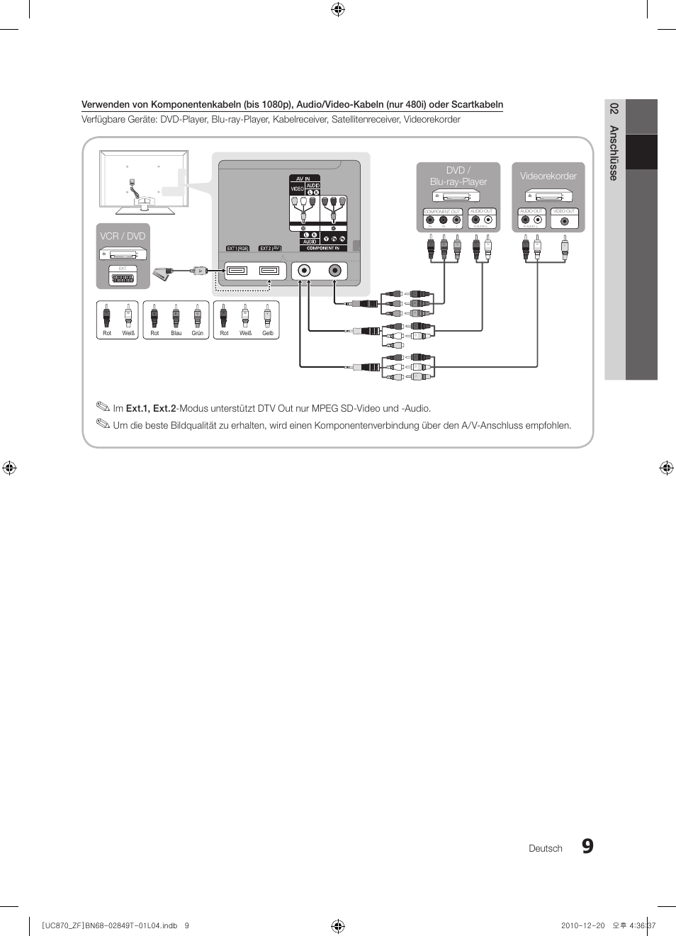 02 anschlüsse, Deutsch, Vcr / dvd videorekorder dvd / blu-ray-player | Samsung UE40S870XS User Manual | Page 137 / 258