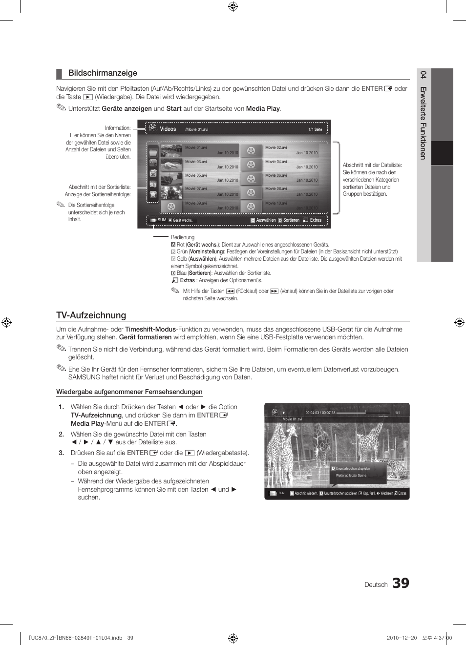 Tv-aufzeichnung, Bildschirmanzeige | Samsung UE40S870XS User Manual | Page 167 / 258