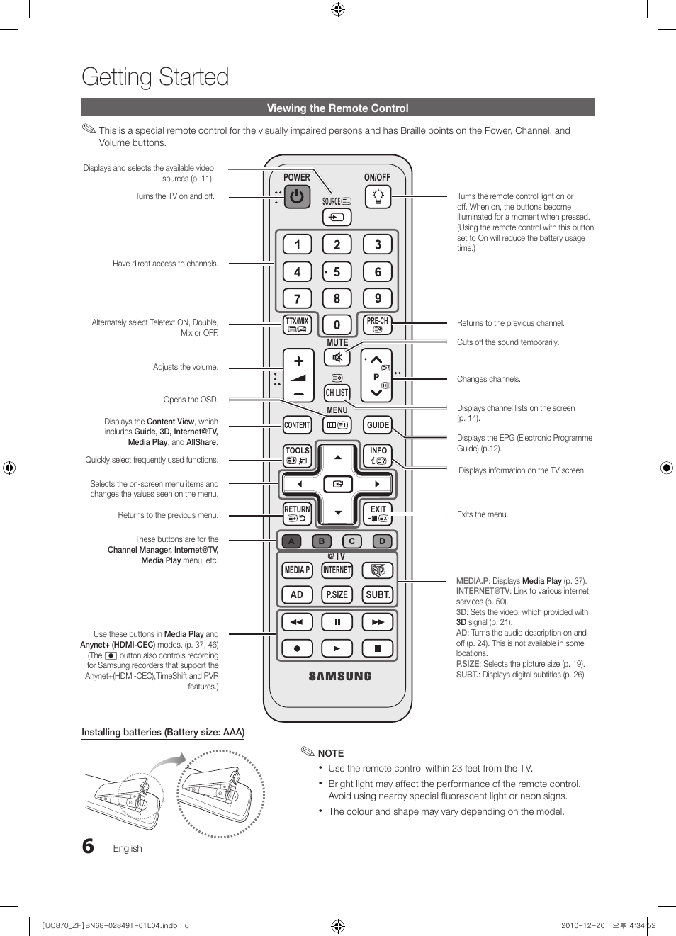 Getting started | Samsung UE40S870XS User Manual | Page 6 / 258