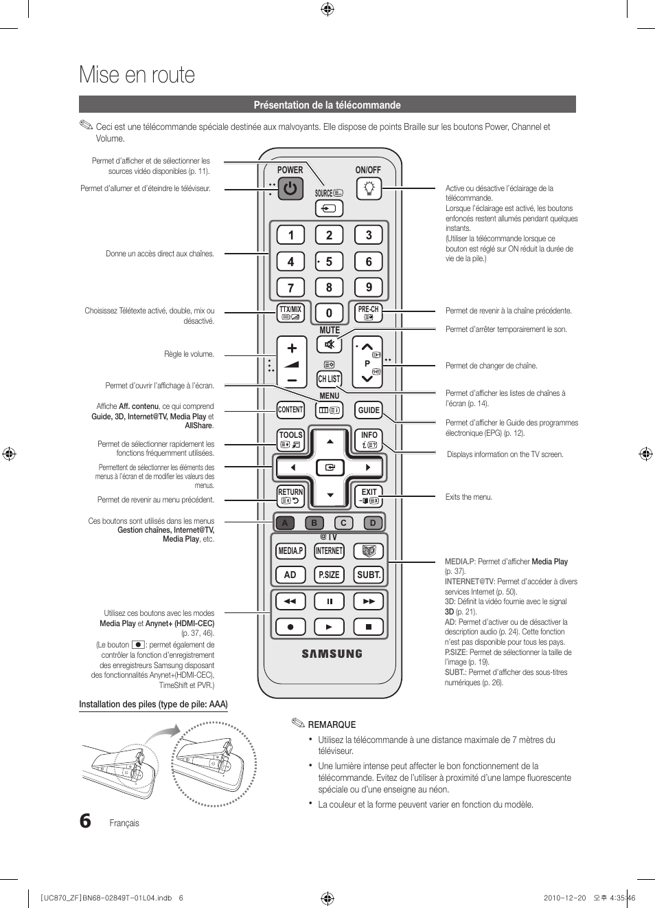 Mise en route | Samsung UE40S870XS User Manual | Page 70 / 258