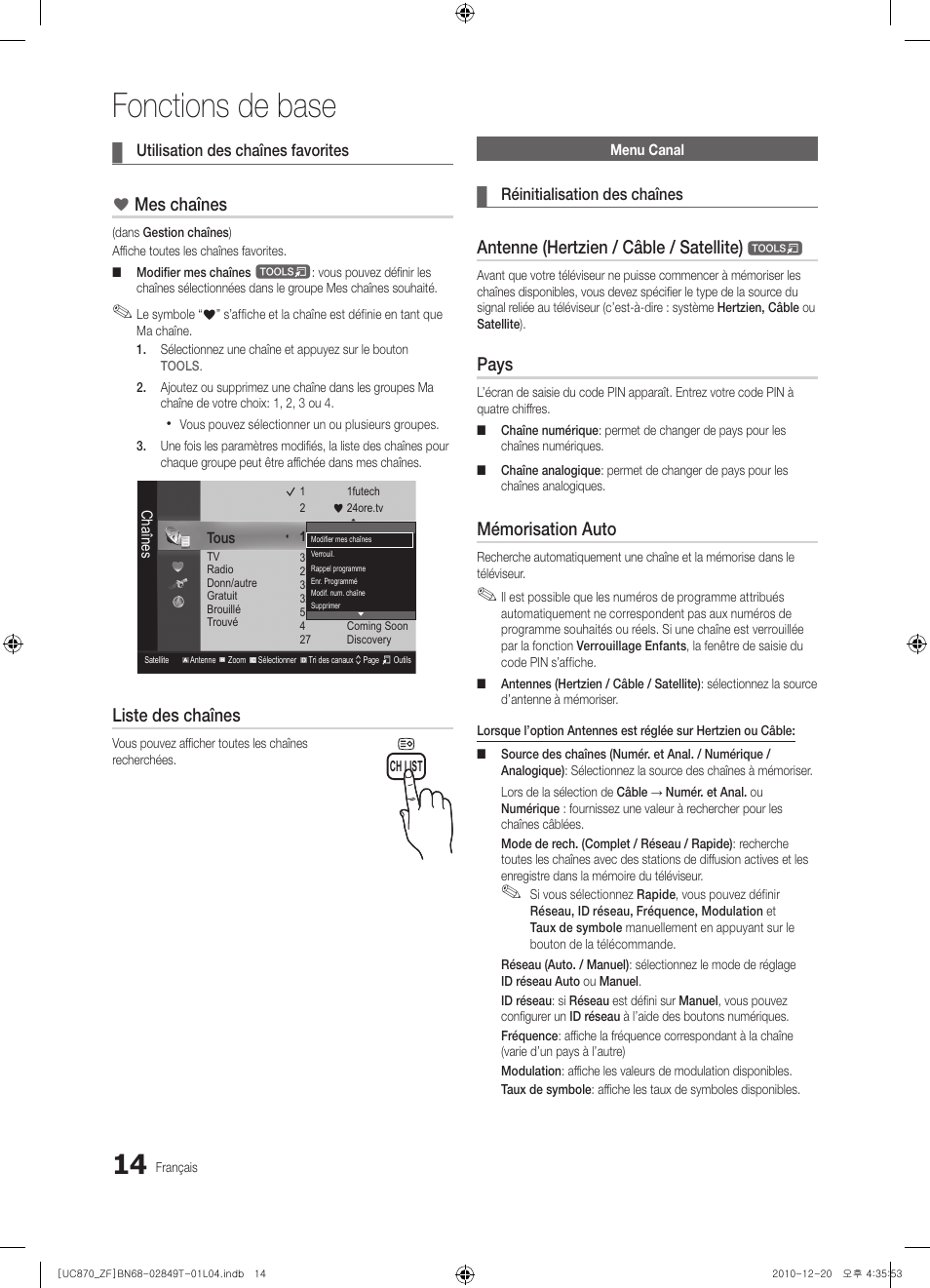 Fonctions de base, Mes chaînes, Liste des chaînes | Antenne (hertzien / câble / satellite), Pays, Mémorisation auto | Samsung UE40S870XS User Manual | Page 78 / 258