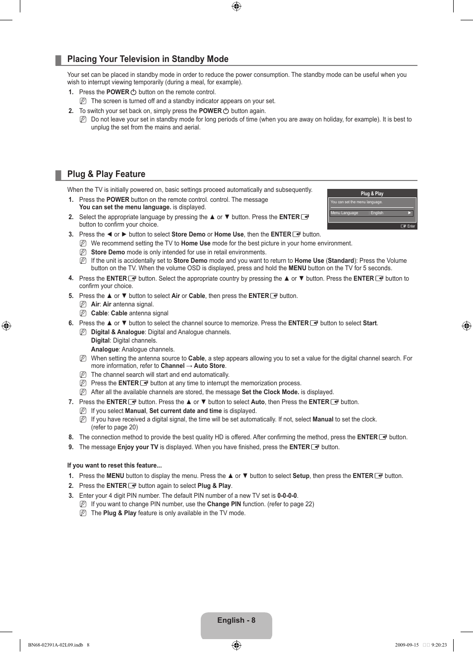 Placing your television in standby mode, Plug & play feature | Samsung LE22B450C8W User Manual | Page 10 / 314