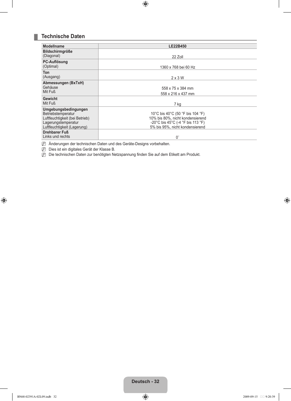 Technische daten | Samsung LE22B450C8W User Manual | Page 102 / 314