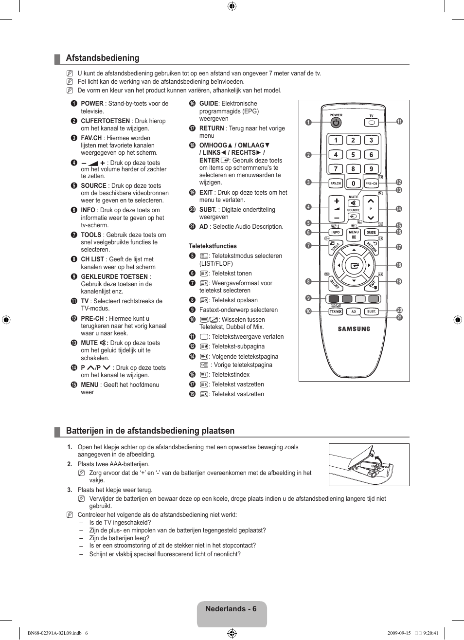 Afstandsbediening, Batterijen in de afstandsbediening plaatsen | Samsung LE22B450C8W User Manual | Page 110 / 314