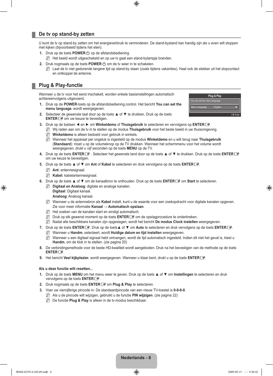 De tv op stand-by zetten, Plug & play-functie | Samsung LE22B450C8W User Manual | Page 112 / 314