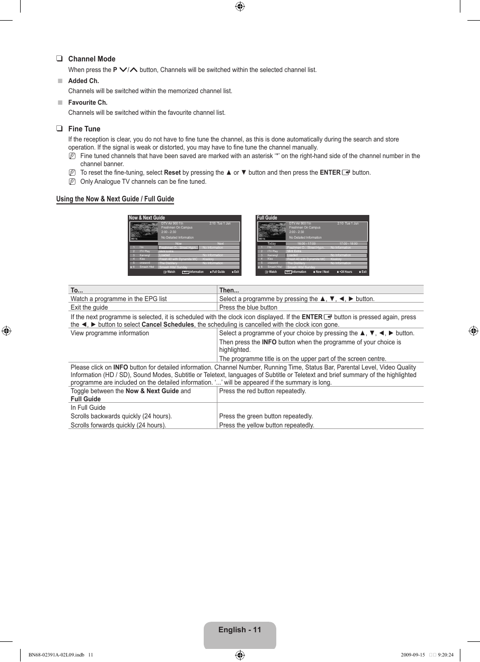 English - 11 channel mode, Fine tune, Using the now & next guide / full guide | Nn n | Samsung LE22B450C8W User Manual | Page 13 / 314