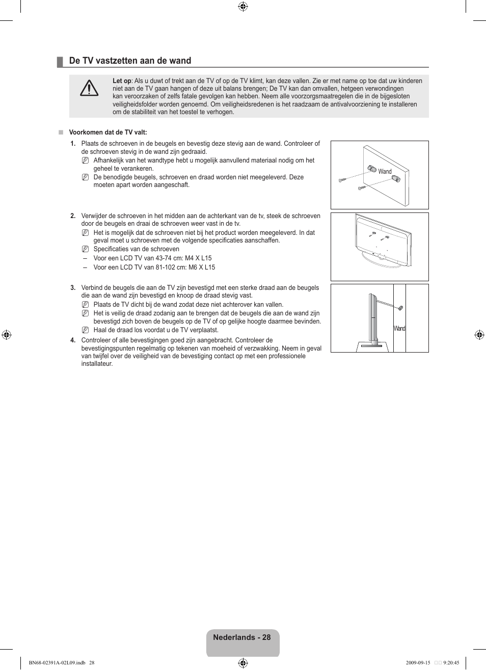 De tv vastzetten aan de wand | Samsung LE22B450C8W User Manual | Page 132 / 314